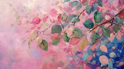   A stunning tree branch with vibrant leaves stretches into a pink-blue sky