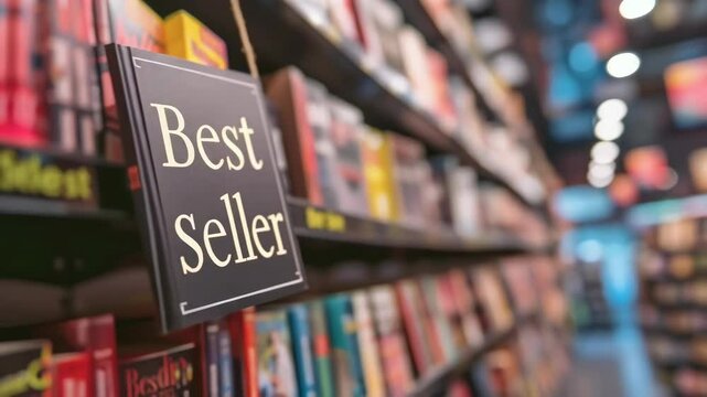 A close-up shot of a "Best Seller" sign in a bookstore during the daytime. The shelves are filled with various books. The mood is lively with colorful book spines creating a vibrant atmosphere.