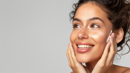  Cream, skincare, and beauty woman in studio for facial glow, shine, and cosmetics marketing, advertising, and smile. Happy youth skin care model with dermatological face sunscreen lotion 