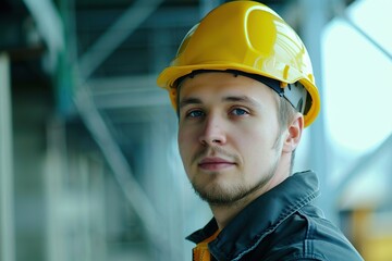 Portrait of young worker in helmet and safety vest standing on blurred building background