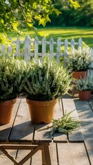 Potted white heather flowers standing on the wooden table outdoors