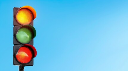 Brightly lit traffic light, all signals glowing (red, orange, green) against a crisp blue sky, capturing the essence of clear traffic management in an urban setting