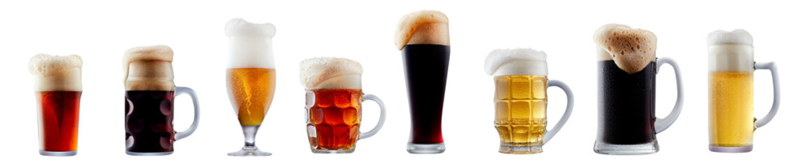 Set of beer cocktails with foam isolated on white background