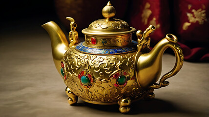 gold teapot with a chain around.