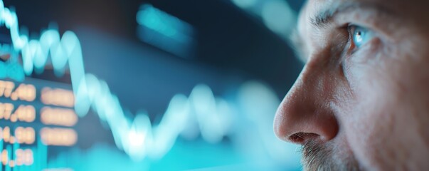 Close-up of a confident financial advisor's face, reflecting on asset growth graphs displayed on a screen, office background softly blurred, photo-realistic lighting and detail