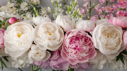 Background with beautiful white and pink flowers peonies