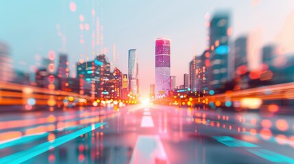 Fototapeta premium A panoramic view of a city skyline at night, overlaid with digital data streams and analytics charts, representing the role of data in urban supply chain management.