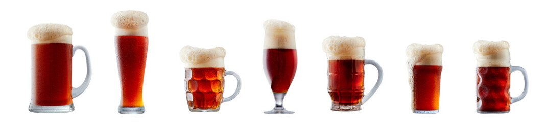 Set of beer cocktails with foam isolated on white background