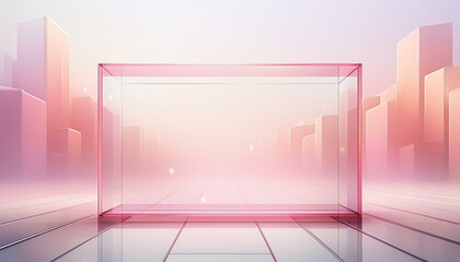 open empty pink outdoor space with a floor stage and an empty translucent rectangle with copy space and with a city visible in the distance