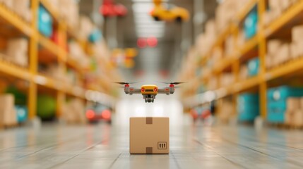 Obraz premium Drones inspecting inventory in a large storage facility, supported by autonomous vehicles transporting goods, representing innovative supply chain solutions.
