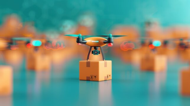 A fleet of delivery drones and autonomous trucks parked in a logistics hub, symbolizing the evolution of supply chain technology towards automation and efficiency.