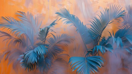   A painting featuring palm trees against a warm yellow-orange backdrop with a prominent blue palm tree in the foreground