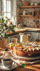Delicious apple cake with caramel filling on a kitchen table