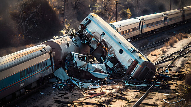 train derailment and accident with train wagons broken.