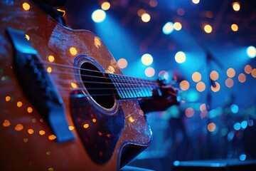 Obraz premium Live music festival with guitar and stage lights.