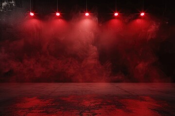 Dark stage with red background  neon lights  spotlights  studio room.