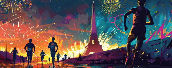Paris Summer Sports banner with the Eiffel Tower, Olympic rings, fireworks, and athletes. Feature sport is track with a vibrant sunset and Parisian backdrop