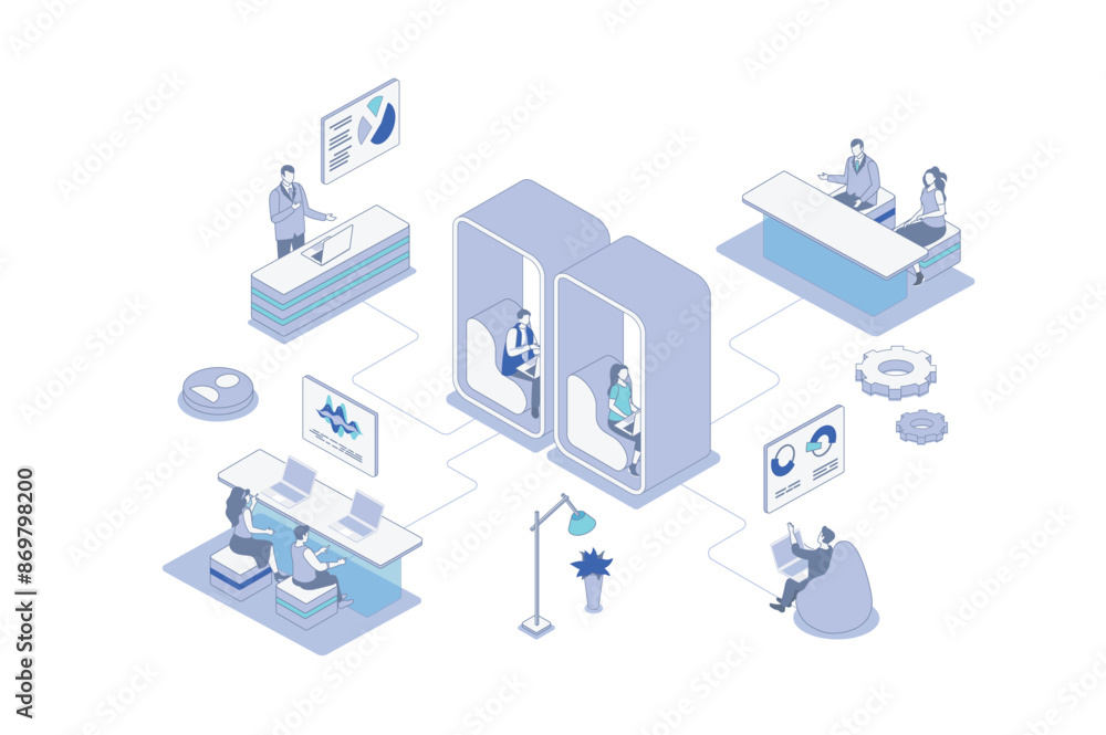 Poster Coworking isometric concept in outline isometry design for web. People working on laptop in open space office, colleagues team meeting, freelancers doing tasks at workplace. Vector illustration.
