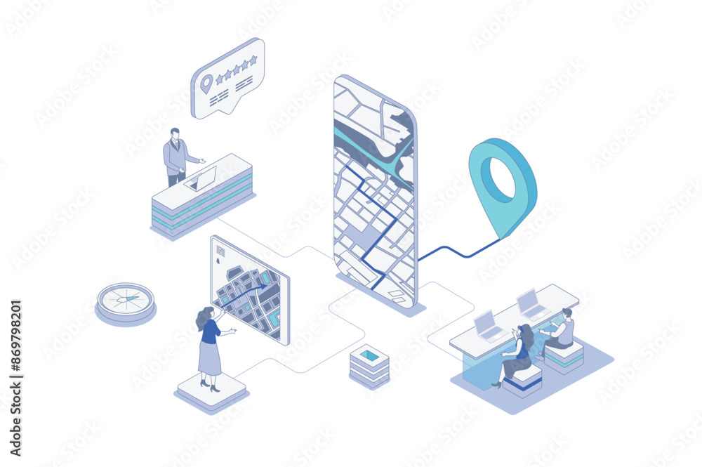 Poster GPS navigation isometric concept in outline isometry design for web. People using map navigation system with pointer and road traffic, tracking route online in mobile app screen. Vector illustration.