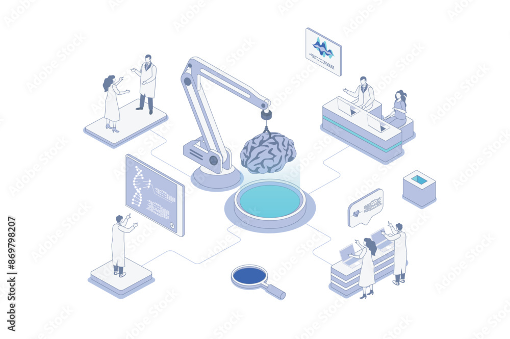 Aufkleber medical laboratory isometric concept in outline isometry design for web. people scientists doing sci