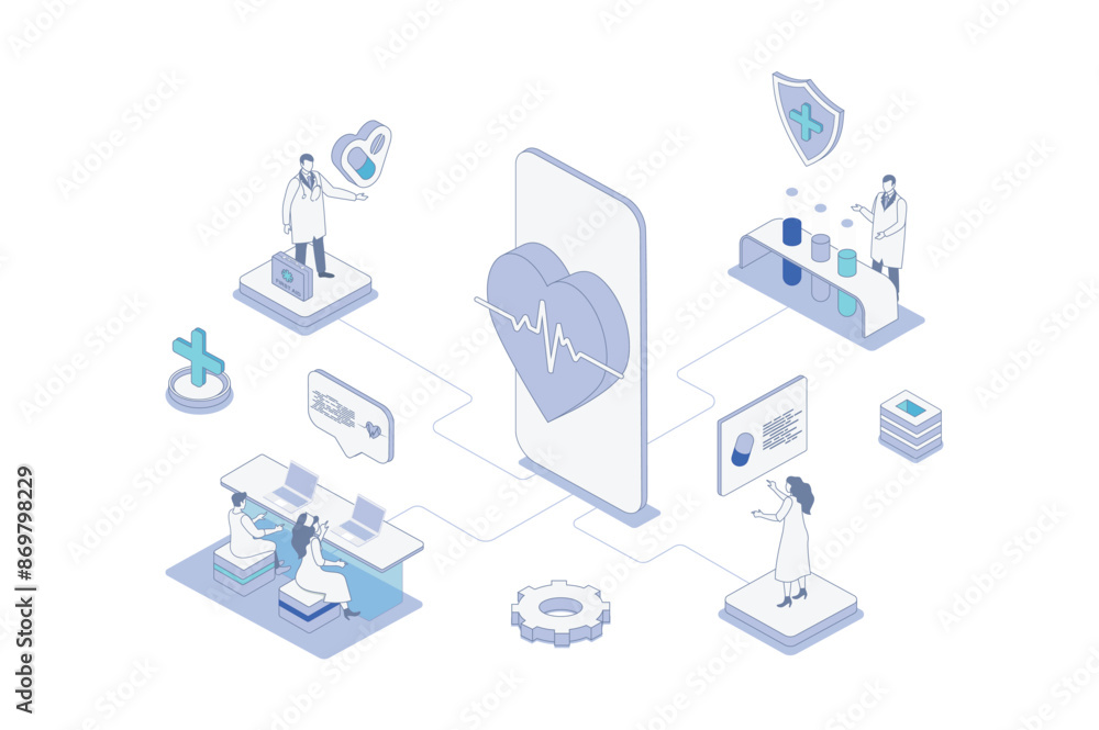 Poster medicine isometric concept in outline isometry design for web. people getting cardiology consults on