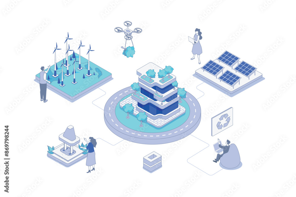 Poster green city isometric concept in outline isometry design for web. people monitoring and managing alte