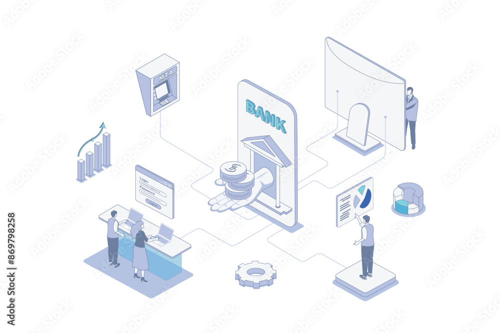Aufkleber Mobile banking isometric concept in outline isometry design for web. People using online services, control financial account, increase savings, make transfer, getting cash in atm. Vector illustration.