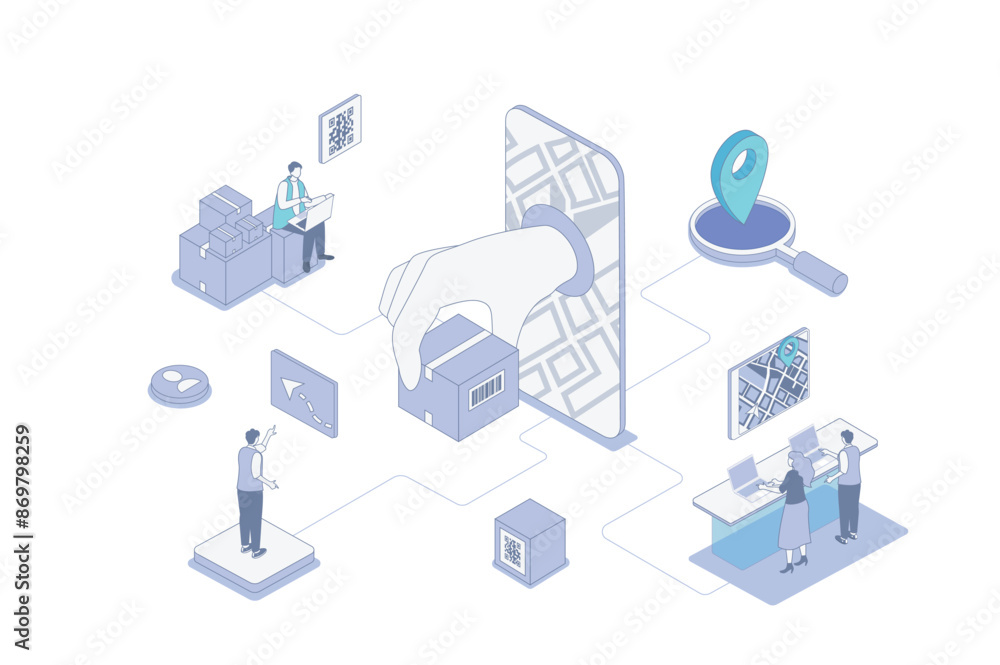 Poster online delivery isometric concept in outline isometry design for web. people receiving parcels from 