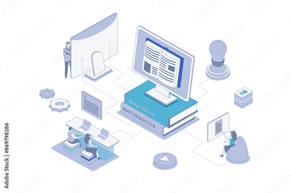 Leinwandbilder Online studying isometric concept in outline isometry design for web. People reading digital books at computer, learning with ebooks and textbooks, doing homework distantly. Vector illustration.