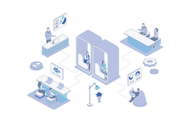 Coworking isometric concept in outline isometry design for web. People working on laptop in open space office, colleagues team meeting, freelancers doing tasks at workplace. Vector illustration.
