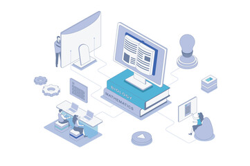 Online studying isometric concept in outline isometry design for web. People reading digital books at computer, learning with ebooks and textbooks, doing homework distantly. Vector illustration.