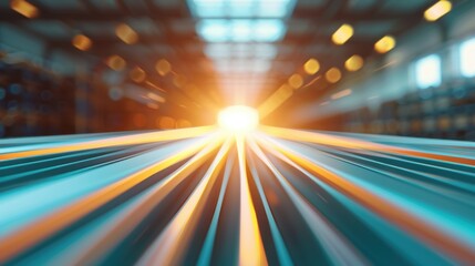 A high-speed conveyor system in an automated warehouse, efficiently transporting goods for distribution and supply chain operations.