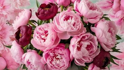 A bouquet of delicate pink and burgundy peonies