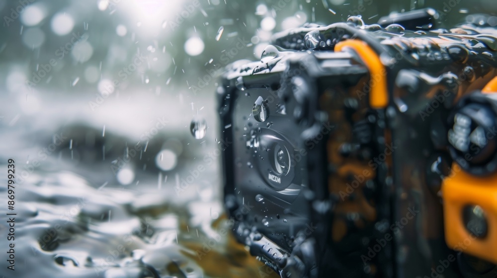 Poster the rugged housing of an action camera is visible in extreme closeup highlighting its durable design
