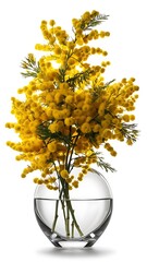Fototapeta premium Bouquet of yellow mimosa flowers in a transparent vase on a white background