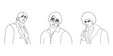Young men portraits. Handsome guys in trendy style. Linear illustration of three fashionable characters. 