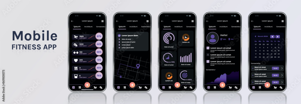 Poster a mobile application for fitness and health with a modern design. the program interface is built on 