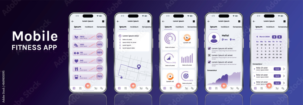Poster a mobile application for fitness and health with a modern design. the program interface is built on 