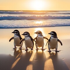 Obraz premium Funny penguins on a sandy beach against the backdrop of the sea, sky, sun. Ironic advertisement for summer vacation.