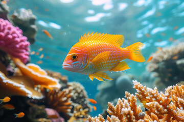 Obraz premium Exotic yellow pink fish swim above colorful coral reefs. Vivid underwater scene with bright marine life. Concept for ocean theme, vibrant aquatic ecosystem visuals, marine life conservation