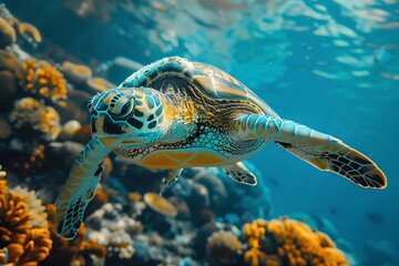 Obraz premium Sea turtle swim in ocean above colorful vibrant coral reefs. Turtle gracefully moves through clear blue water. Concept of underwater world, marine life, for educational, biodiversity conservation