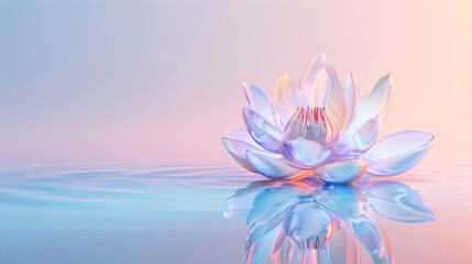Glass lotus flower on pastel pink and blue background. Crystal flower reflecting light to generate shimmering and captivating effect that enhances its ethereal beauty. Copy space.
