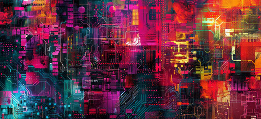 A digital collage of various elements like circuit boards, 