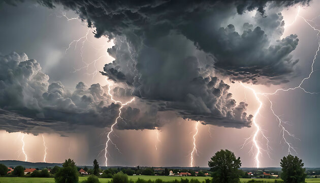 helle zuckende Blitze donnernd in dunklen tosenden Gewitter Wolken voll dichtem Regen Unwetter &uuml;ber Land ziehend Starkregen Umwelt Katastrophe &Uuml;berschwemmung Blitzschlag