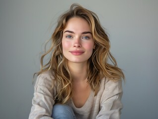 Fototapeta premium A lovely European woman with clear, clean white skin, sitting gracefully with her legs crossed, looking directly at the camera with a charming smile. She is wearing a casual outfit.