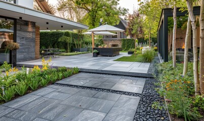 Fototapeta premium Modern Home Paved Back Garden: Emphasizing Stylish Paving Design