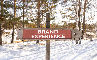 Brand experience symbol. Concept words Brand experience on beautiful wooden road sign. Beautiful forest snow blue sky background. Business branding and brand experience concept. Copy space.