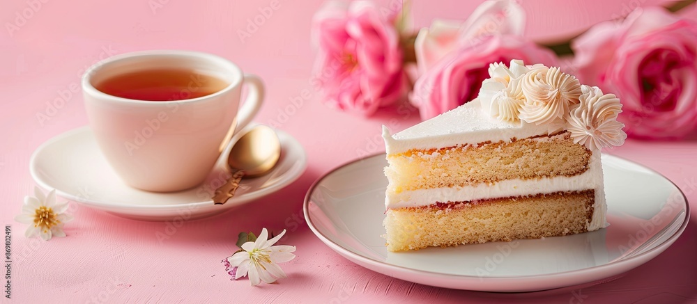 Poster cake on saucer and cup of tea on pastel paper background with copy space image.