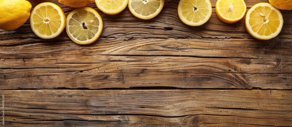 Poster wooden table with lemon pieces arranged for copy space image.