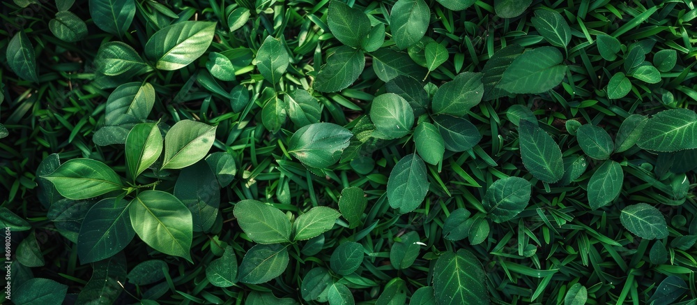 Poster Green leaves scattered on the lush green grass, creating a serene and refreshing environment with ample copy space image.